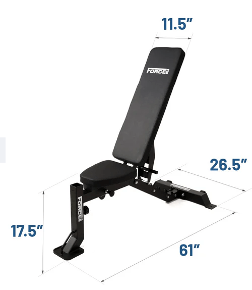 Force USA MyBench F-MR-FID-V2 dimensions diagram showing bench length, width, and height, available at Fitness Specialist in Odessa and Lubbock TX