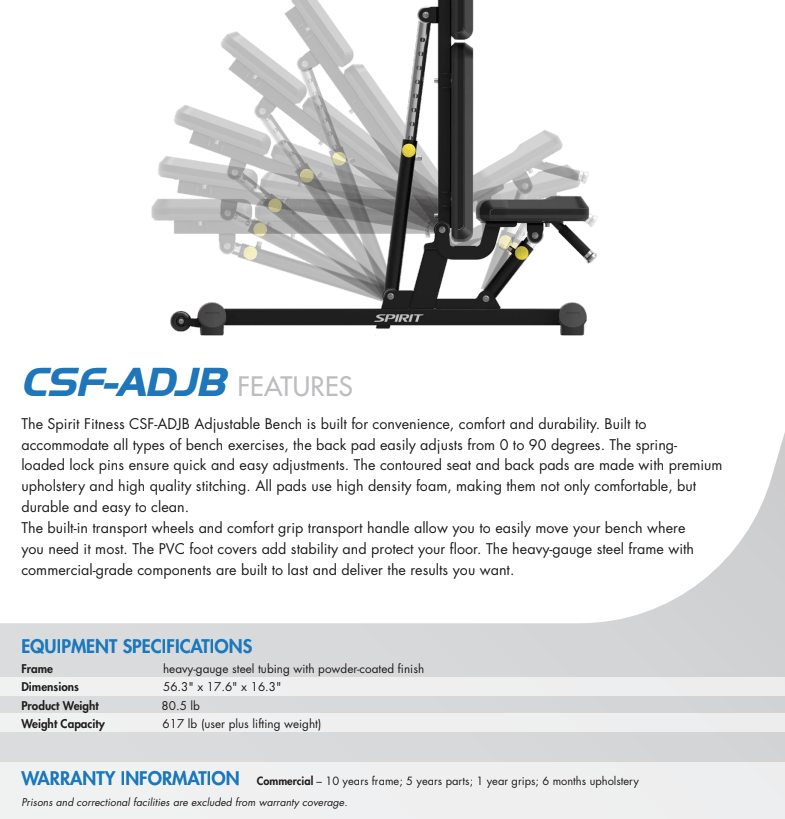 Spirit Commercial Adjustable Bench CSF - ADKJ - Fitness Specialist