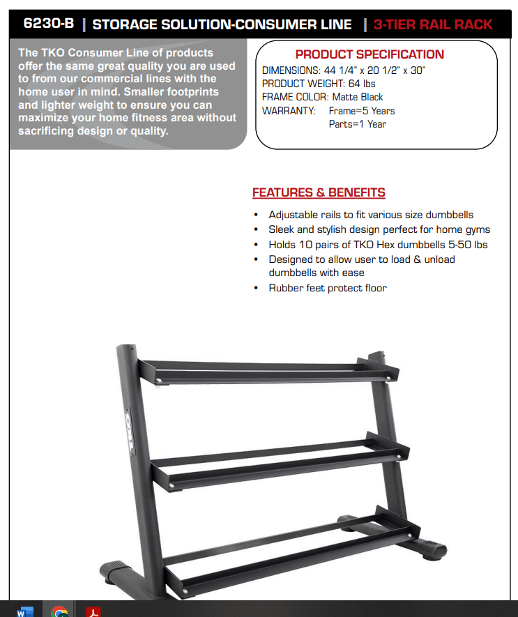 TKO 3 - Rail Dumbbell Rack holds 5-50 - Fitness Specialist