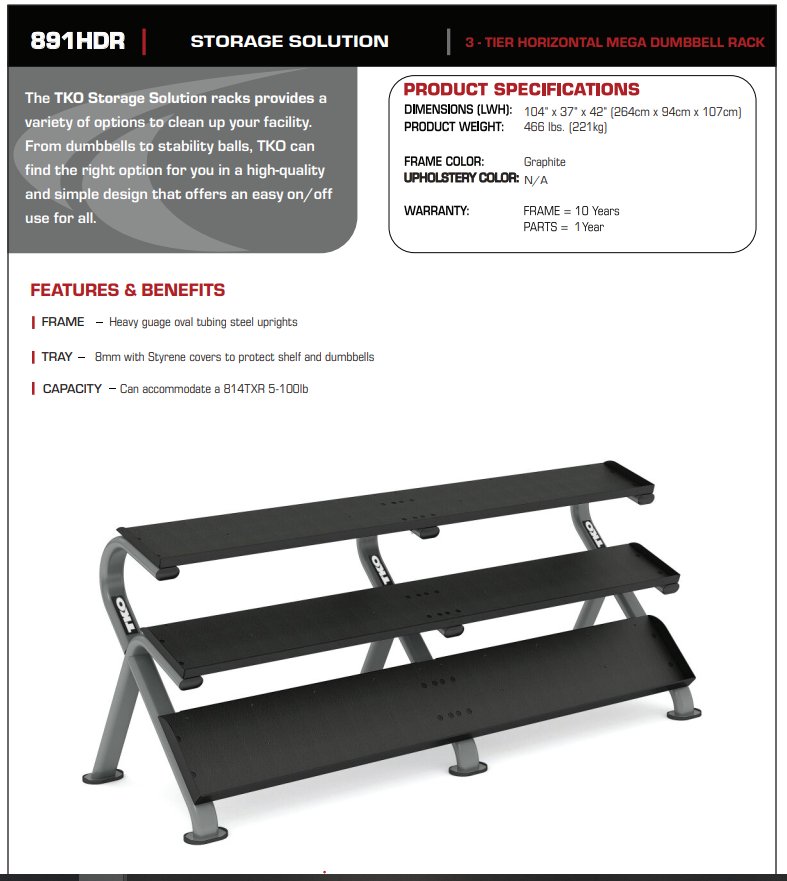 Mega Racks Bodybuilding TKO 3-Tier Horizontal Dumbbell Mega Rack 891HDR – Fitness Specialist