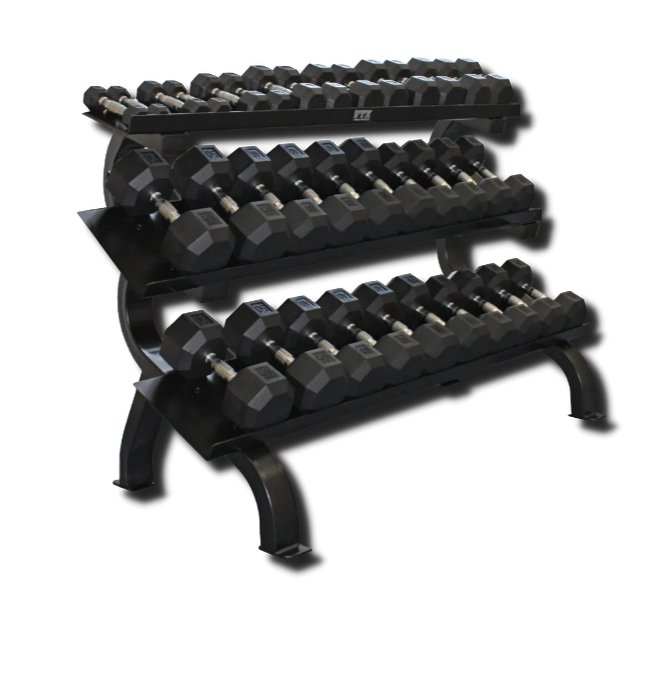 VTX 3 - Tier Dumbbell Shelf Rack With 5 - 75lb USA HDR Rubber Dumbbells - Fitness Specialist